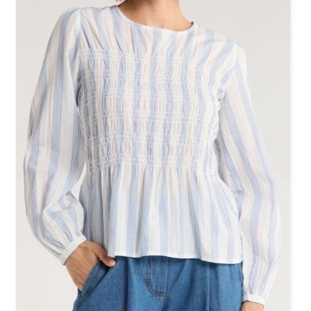 ICHI Blouse Striped Peplum Sz 38 Smocked Long Sleeves